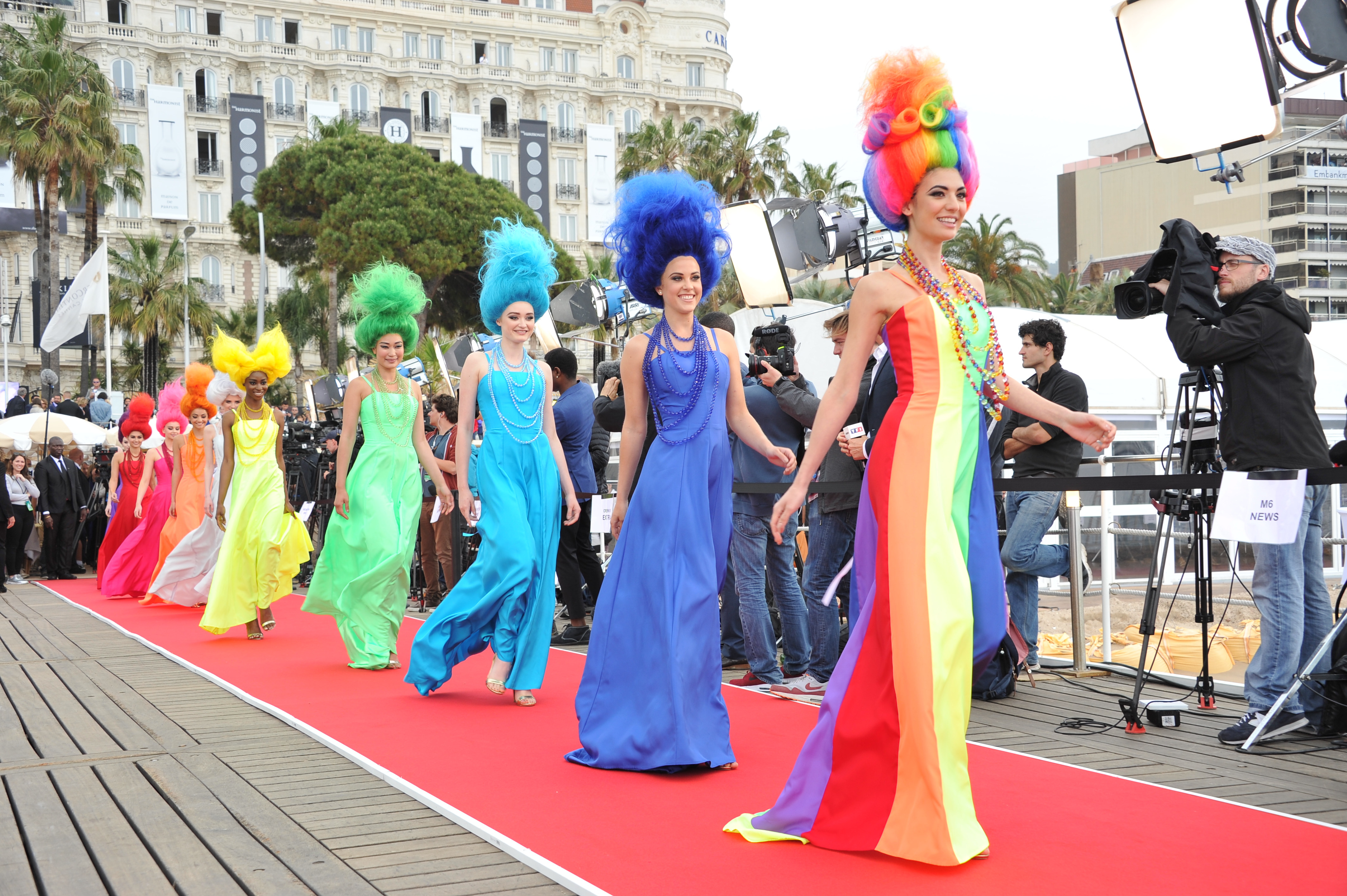 Ten models adorned with tall, colourful wigs featured at the teaser of the DreamWorks film, Trolls. Photo / Supplied